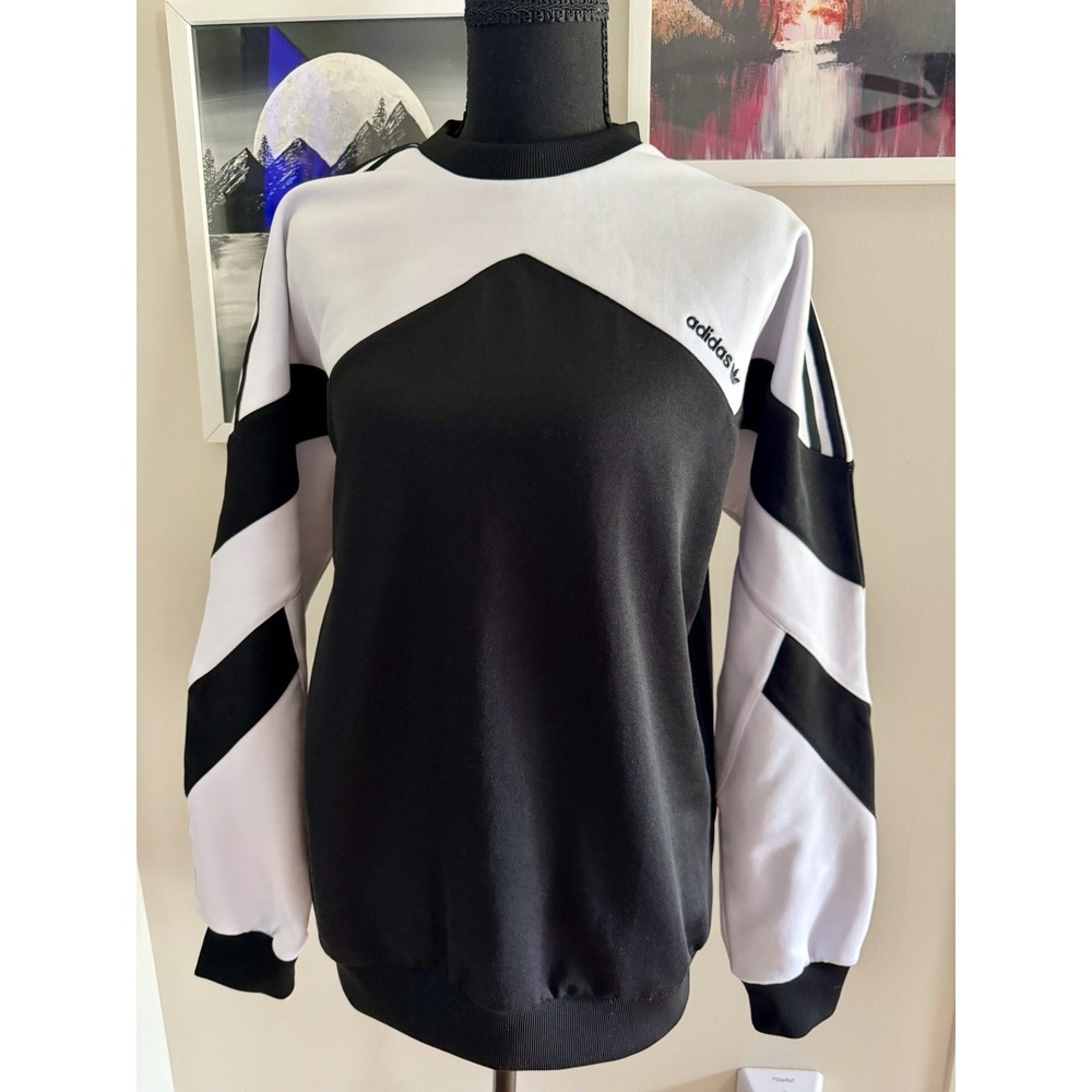 adidas Originals Women's Black White Colorblock Crew Neck Pullover Sweatshirt S